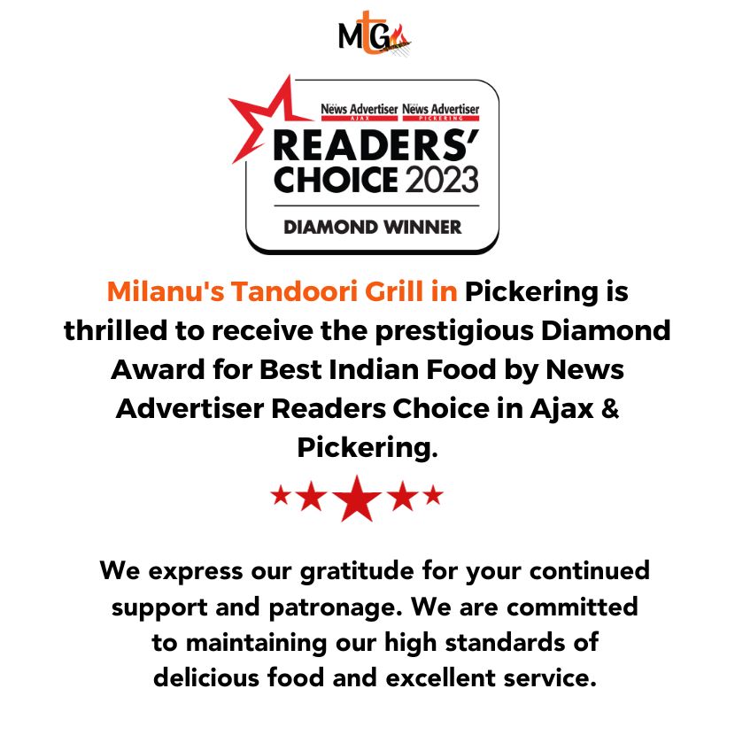 Reader's Choice Diamond Winner 2023- Milanu's Tandoori Grill in Pickering